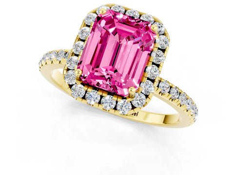 Yellow gold Emerald Cut Cut Diamond Floral Halo Engagement Ring with Pavé Band and Prong Setting_1