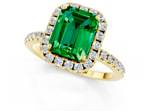 Yellow gold Emerald Cut Emerald Halo Engagement Ring with Round Pavé Band and Prong Setting