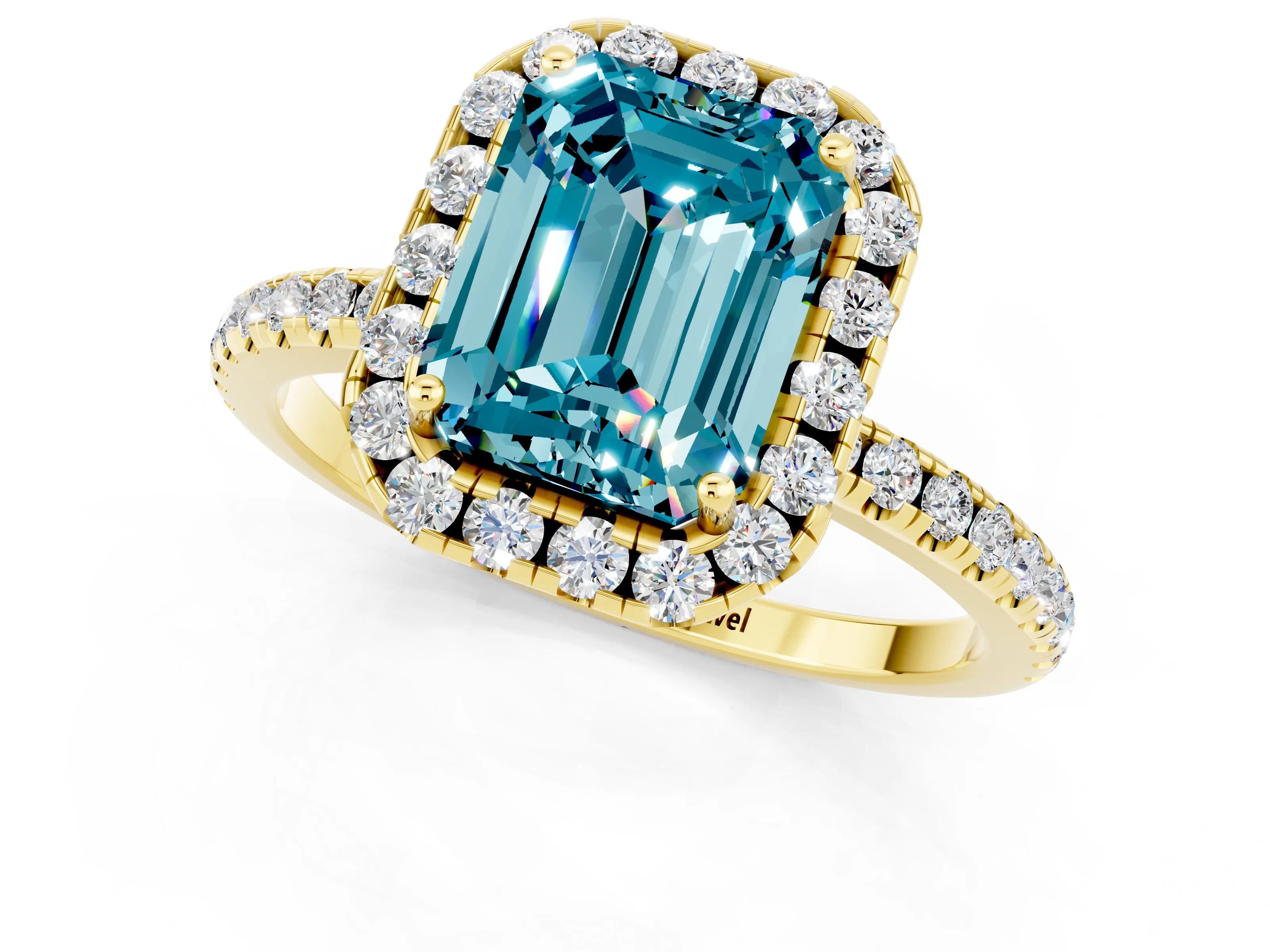 Yellow gold Emerald Cut Cut Diamond Floral Halo Engagement Ring with Pavé Band and Prong Setting_1