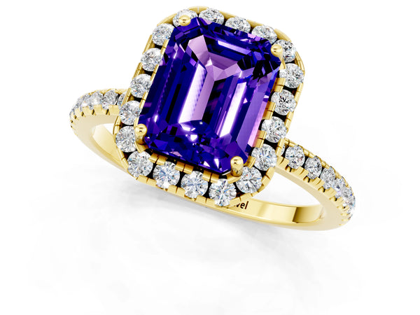 Yellow gold Emerald Cut Tanzanite Halo Engagement Ring with Round Pavé Band and Prong Setting