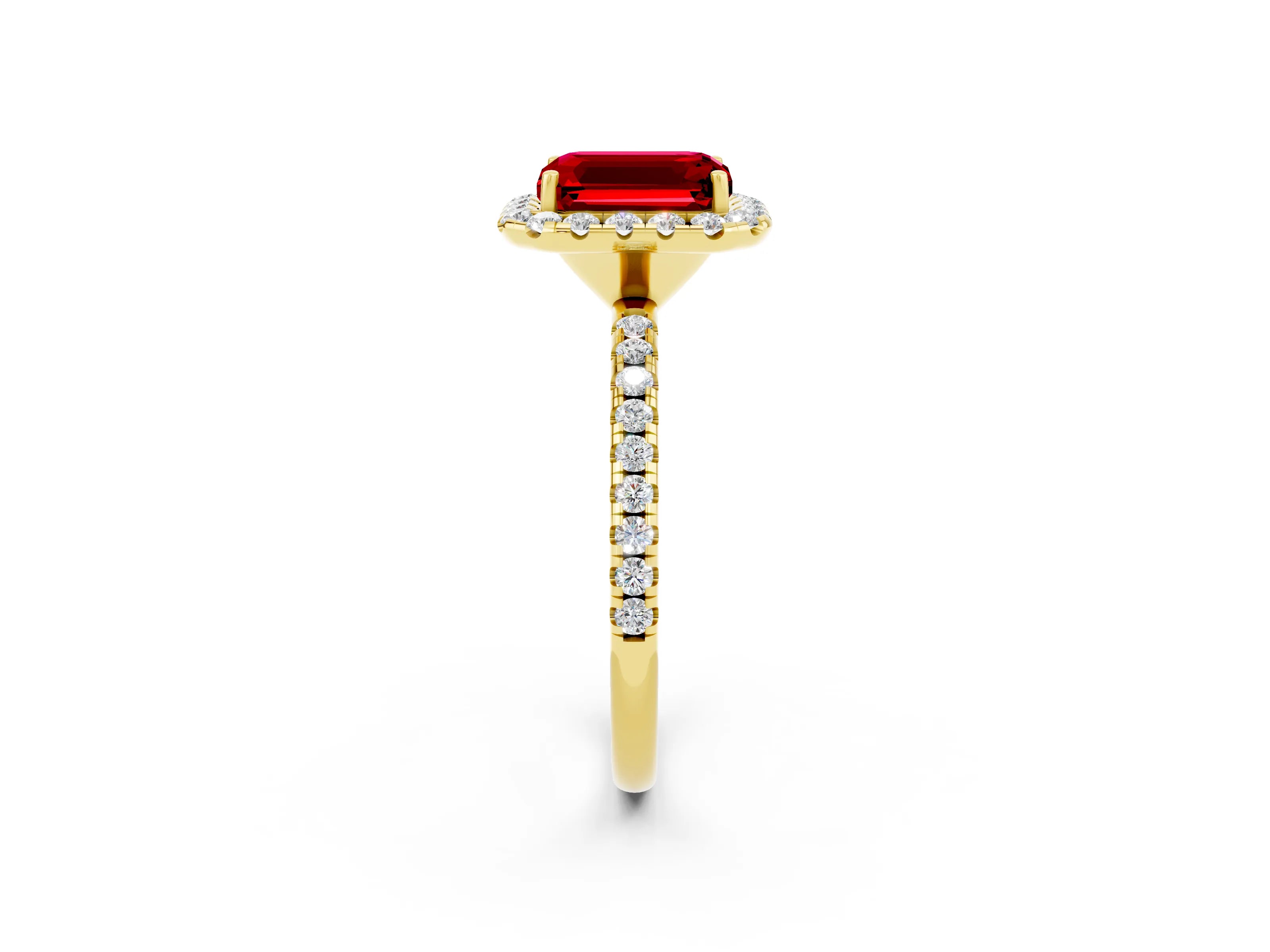 Yellow gold Emerald Cut Cut Diamond Floral Halo Engagement Ring with Pavé Band and Prong Setting_2