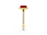 Yellow gold Emerald Cut Cut Diamond Floral Halo Engagement Ring with Pavé Band and Prong Setting_2