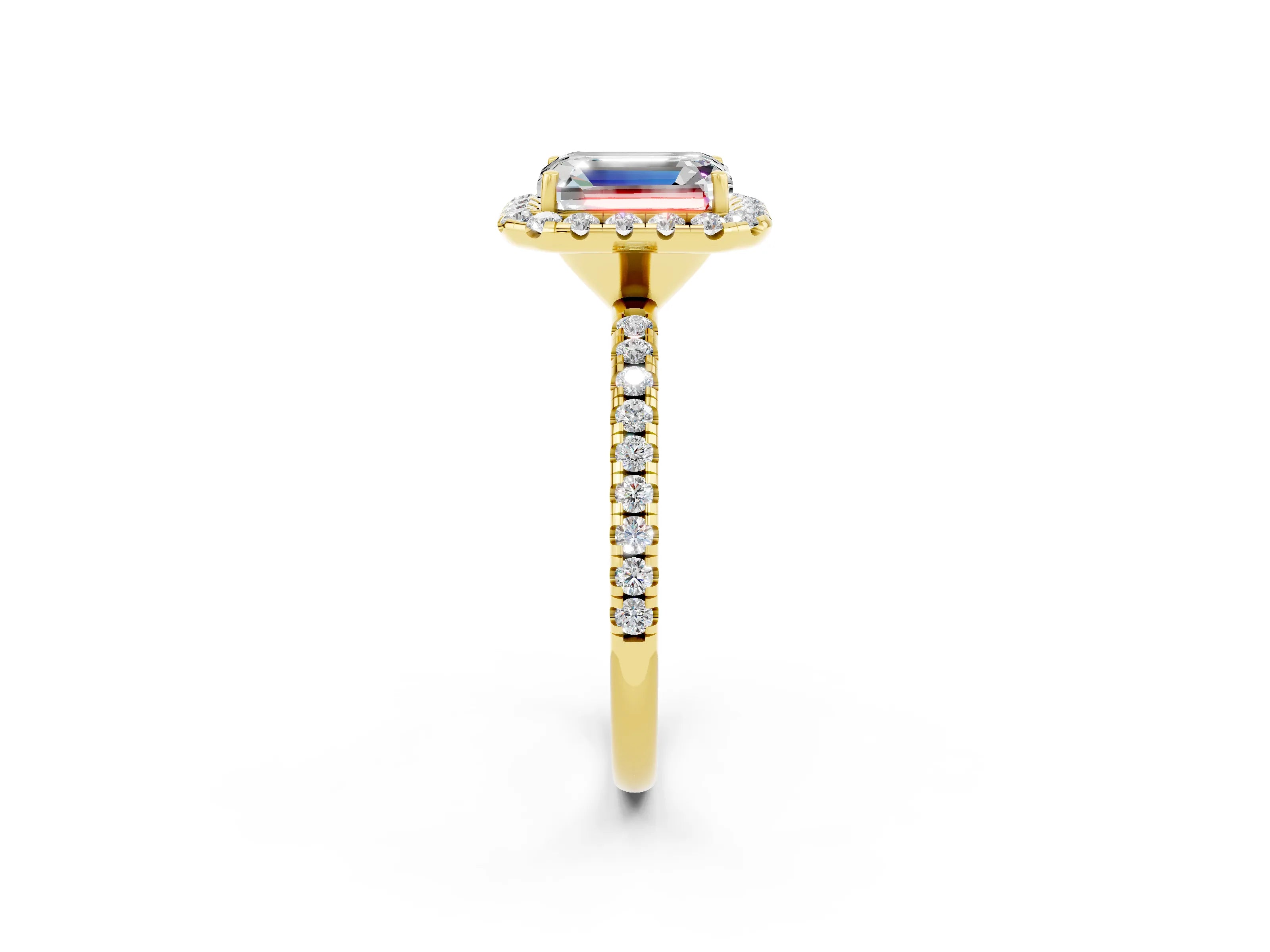 Yellow gold Emerald Cut Cut Diamond Floral Halo Engagement Ring with Pavé Band and Prong Setting_2