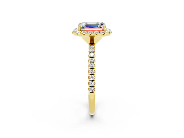 Yellow gold Emerald Cut Moissanite Halo Engagement Ring with Round Pavé Band and Prong Setting