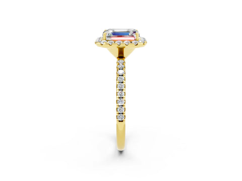 Yellow gold Emerald Cut Cut Diamond Floral Halo Engagement Ring with Pavé Band and Prong Setting_2