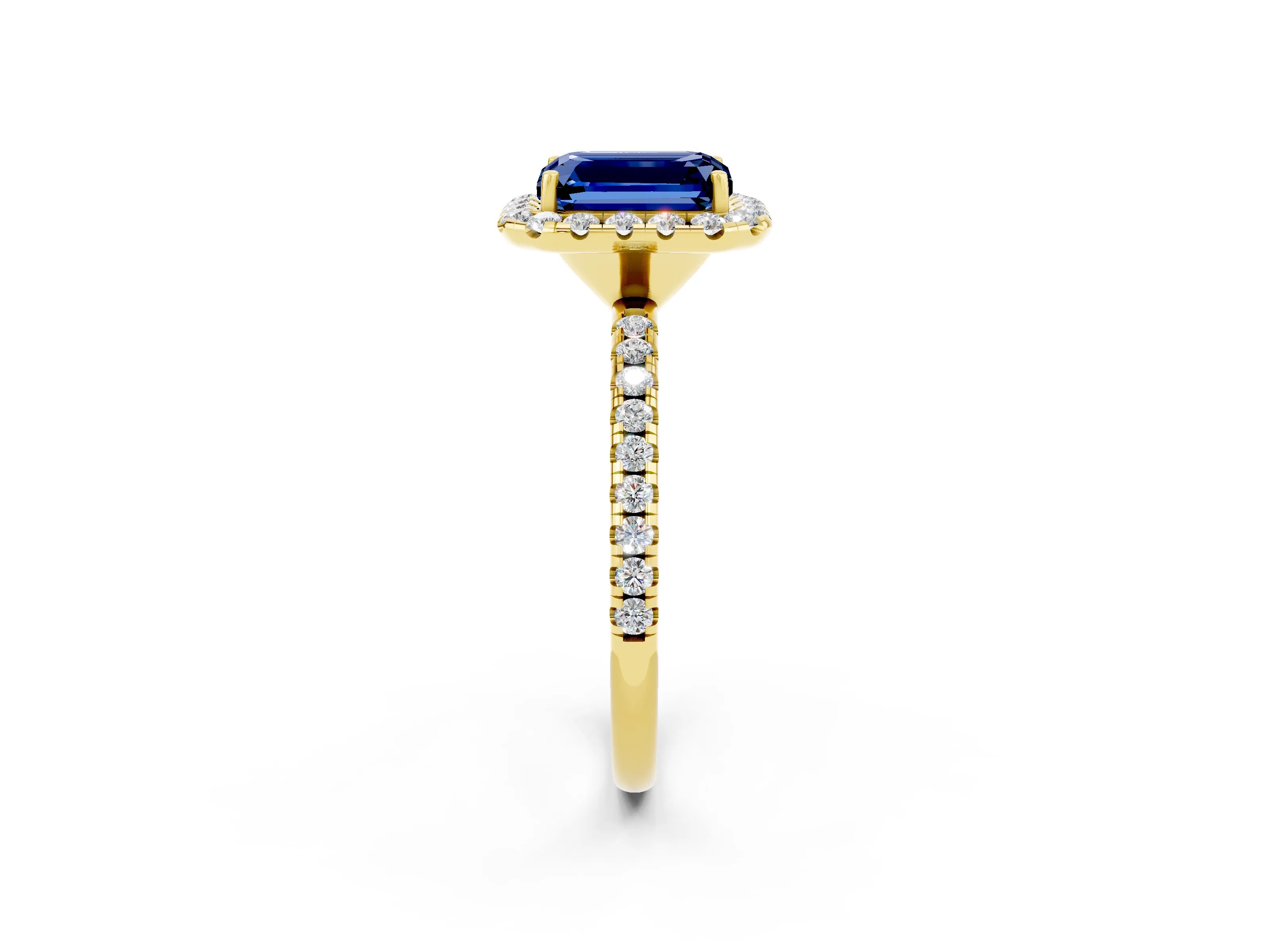 Yellow gold Emerald Cut Cut Diamond Floral Halo Engagement Ring with Pavé Band and Prong Setting_2