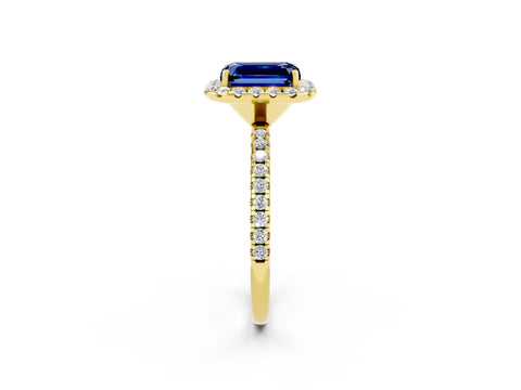 Yellow gold Emerald Cut Cut Diamond Floral Halo Engagement Ring with Pavé Band and Prong Setting_2