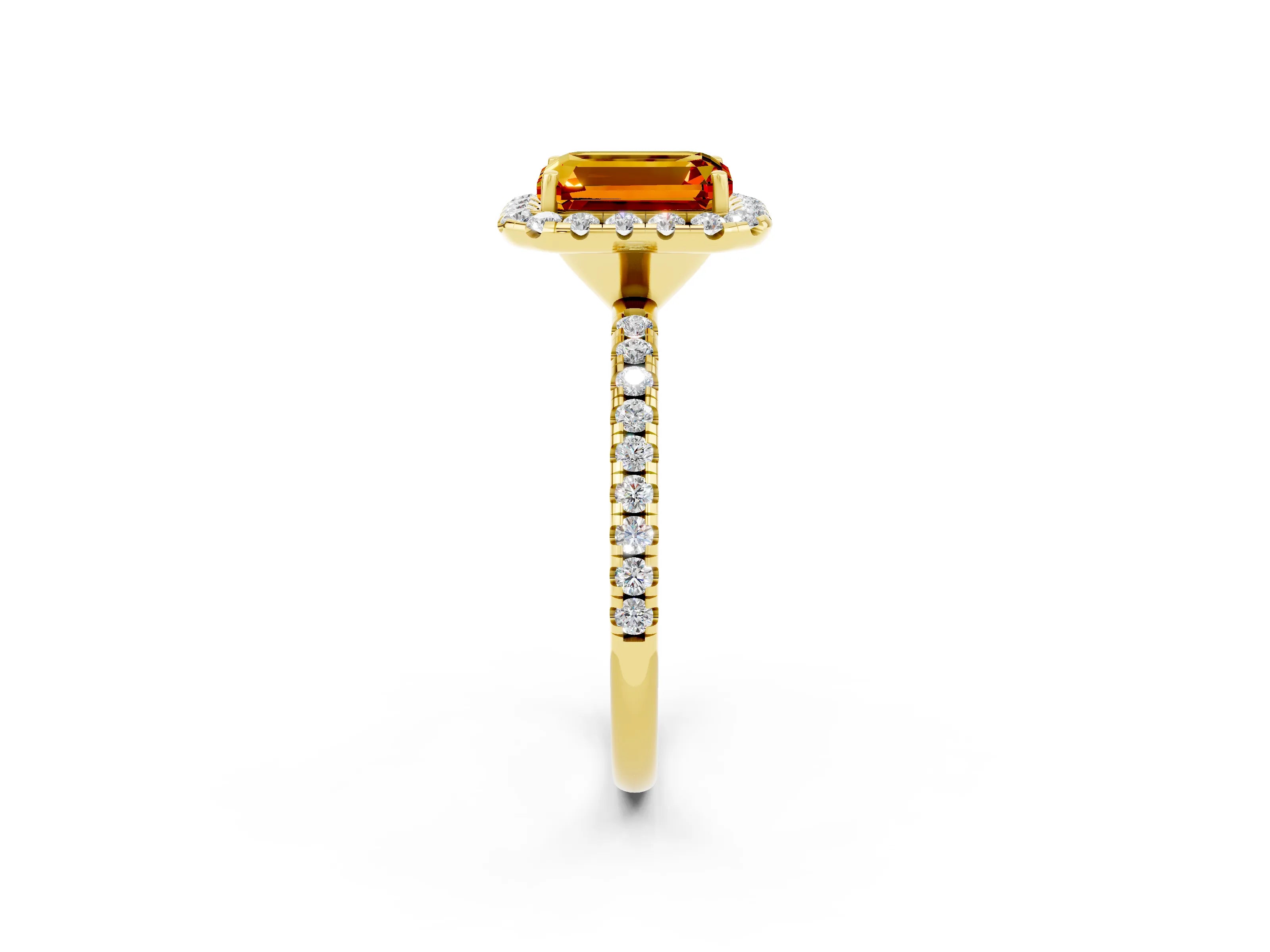 Yellow gold Emerald Cut Cut Diamond Floral Halo Engagement Ring with Pavé Band and Prong Setting_2
