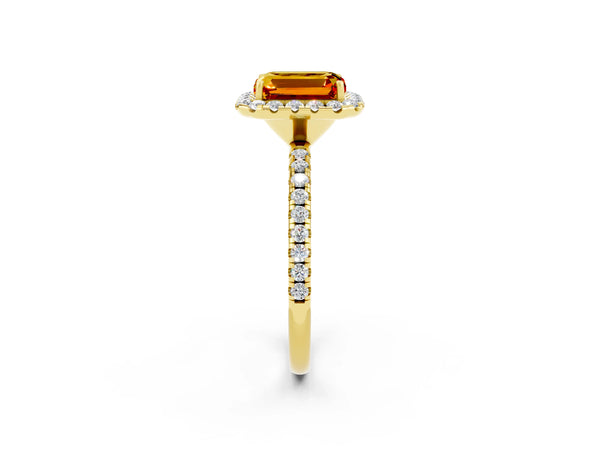 Yellow gold Emerald Cut Citrine Halo Engagement Ring with Round Pavé Band and Prong Setting