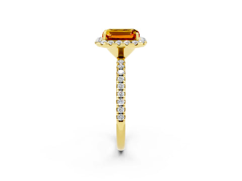 Yellow gold Emerald Cut Cut Diamond Floral Halo Engagement Ring with Pavé Band and Prong Setting_2