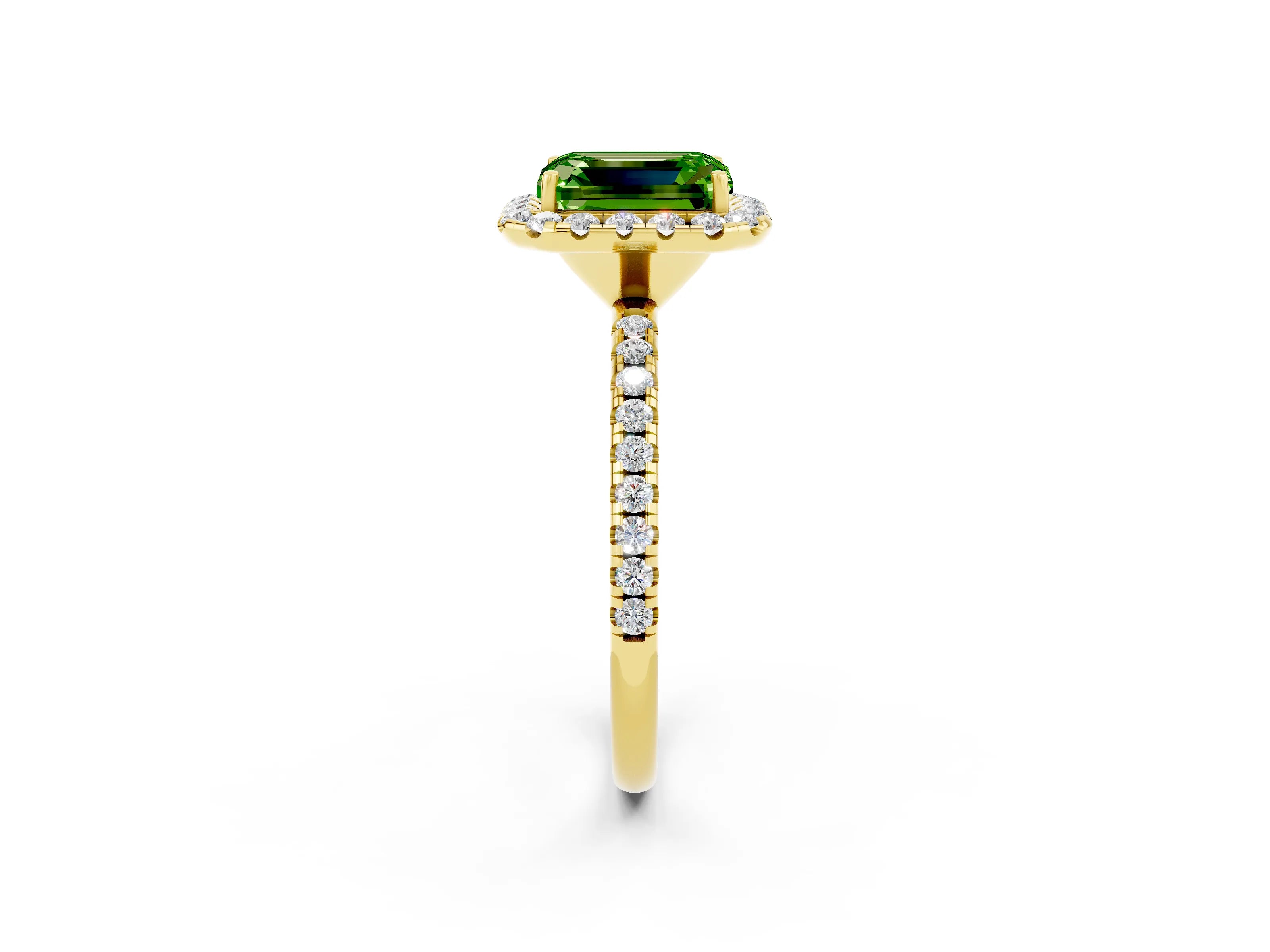 Yellow gold Emerald Cut Cut Diamond Floral Halo Engagement Ring with Pavé Band and Prong Setting_2