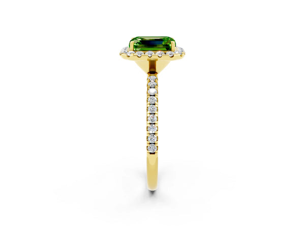 Yellow gold Emerald Cut Cut Diamond Floral Halo Engagement Ring with Pavé Band and Prong Setting
