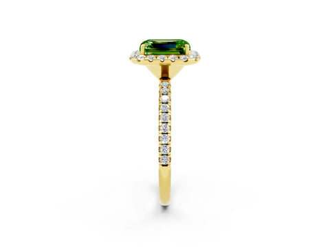 Yellow gold Emerald Cut Cut Diamond Floral Halo Engagement Ring with Pavé Band and Prong Setting_2
