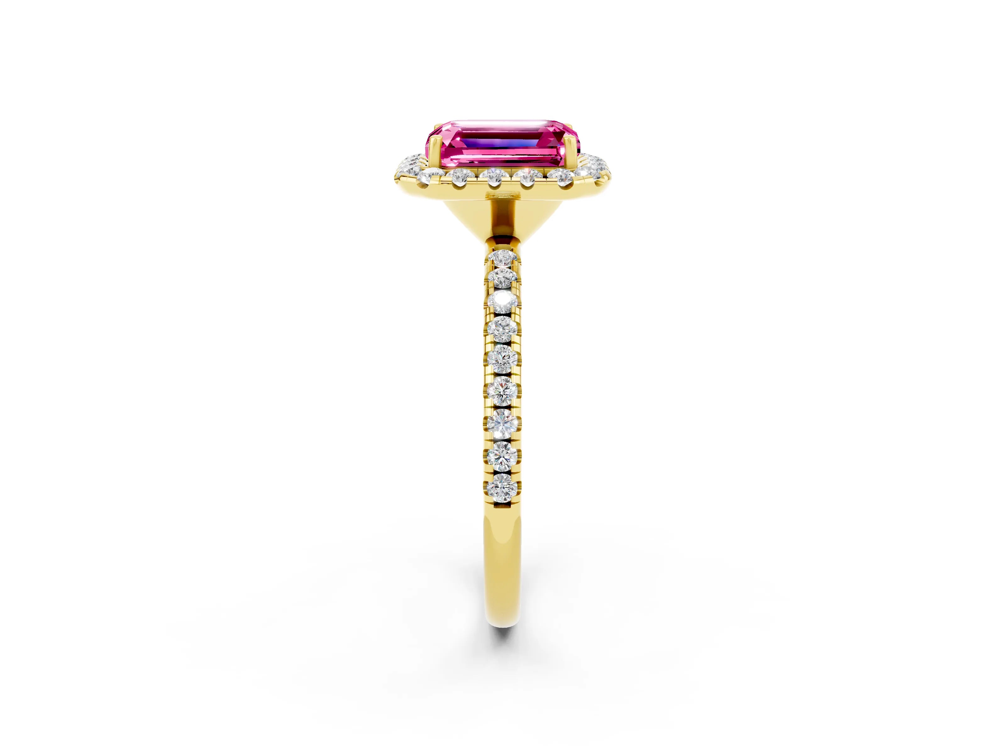 Yellow gold Emerald Cut Cut Diamond Floral Halo Engagement Ring with Pavé Band and Prong Setting_2