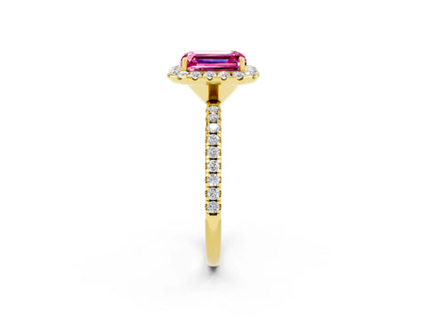 Yellow gold Emerald Cut Cut Diamond Floral Halo Engagement Ring with Pavé Band and Prong Setting_2