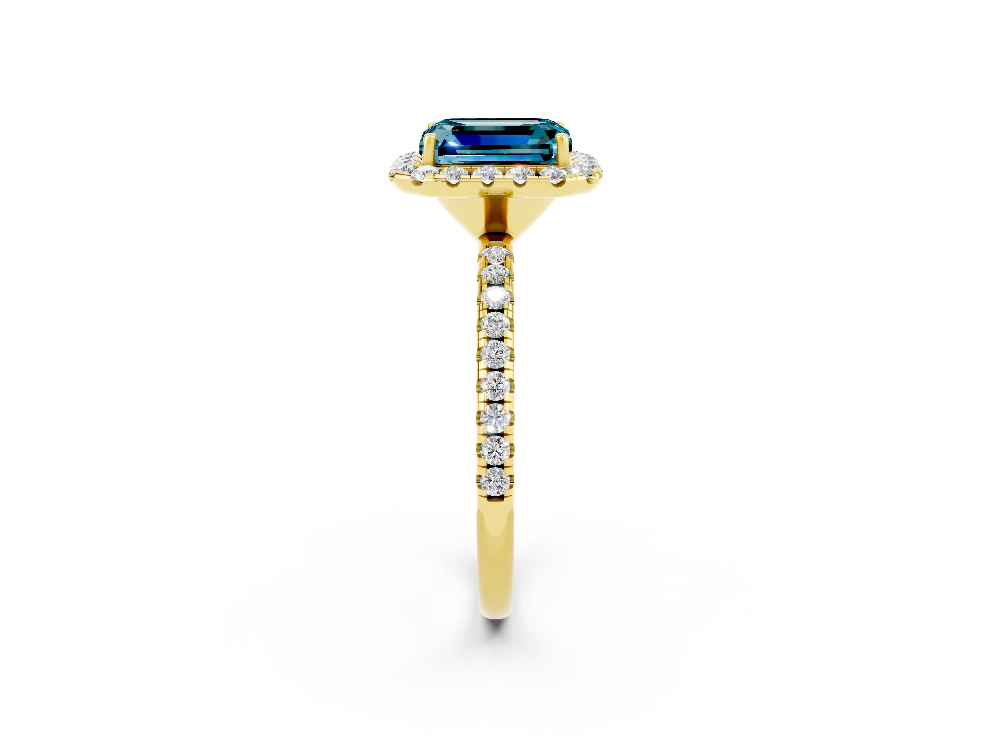 Yellow gold Emerald Cut Cut Diamond Floral Halo Engagement Ring with Pavé Band and Prong Setting_2