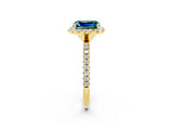 Yellow gold Emerald Cut Cut Diamond Floral Halo Engagement Ring with Pavé Band and Prong Setting_2