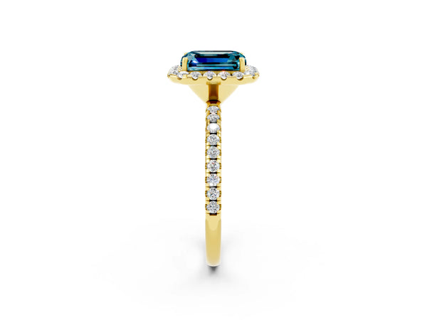 Yellow gold Emerald Cut Cut Diamond Floral Halo Engagement Ring with Pavé Band and Prong Setting