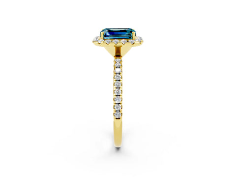 Yellow gold Emerald Cut Cut Diamond Floral Halo Engagement Ring with Pavé Band and Prong Setting_2