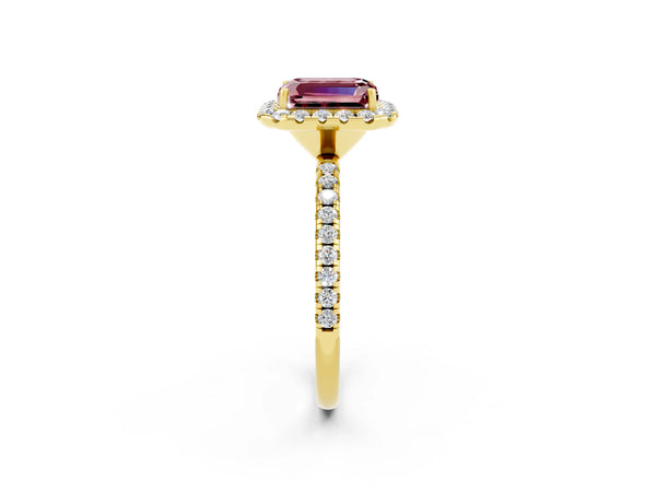 Yellow gold Emerald Cut Cut Diamond Floral Halo Engagement Ring with Pavé Band and Prong Setting