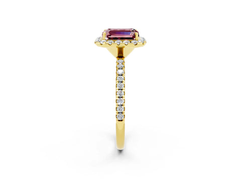 Yellow gold Emerald Cut Cut Diamond Floral Halo Engagement Ring with Pavé Band and Prong Setting_2