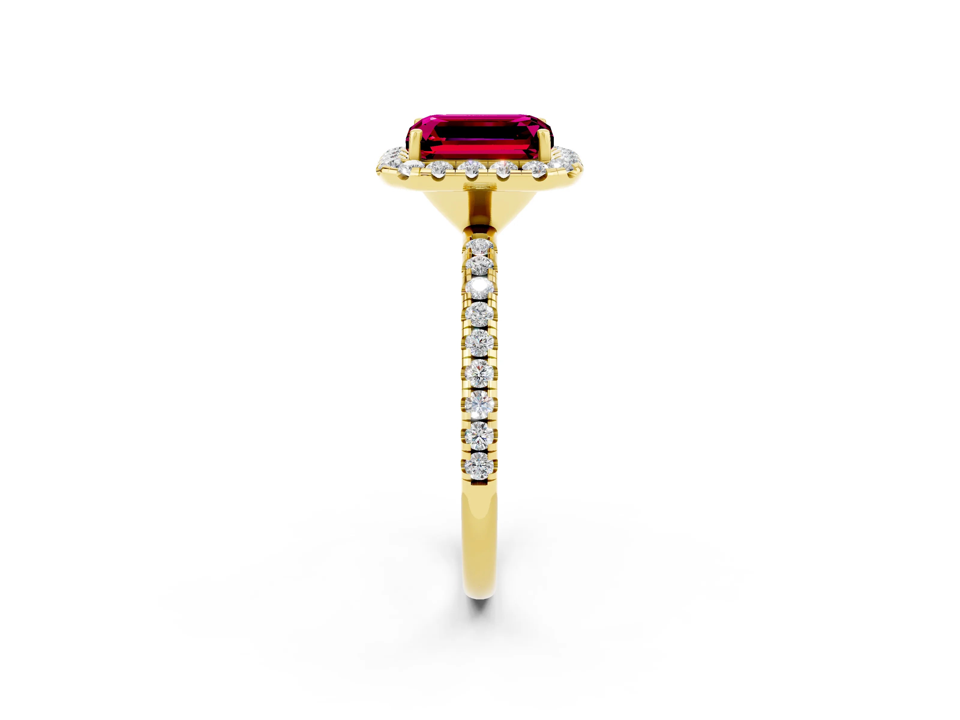 Yellow gold Emerald Cut Cut Diamond Floral Halo Engagement Ring with Pavé Band and Prong Setting_2