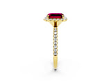 Yellow gold Emerald Cut Cut Diamond Floral Halo Engagement Ring with Pavé Band and Prong Setting_2