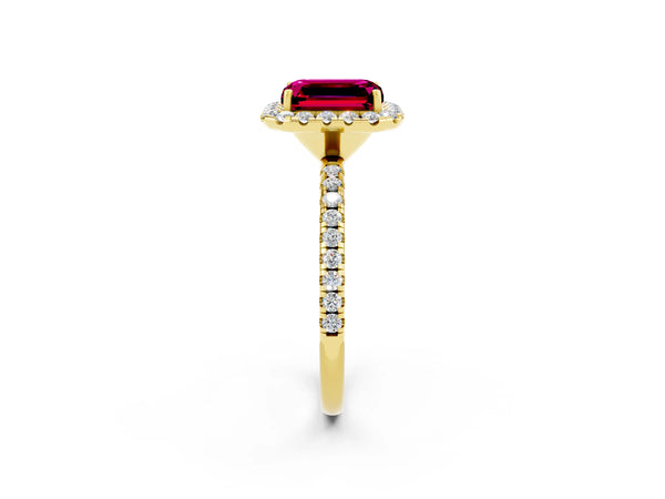 Yellow gold Emerald Cut Garnet Halo Engagement Ring with Round Pavé Band and Prong Setting