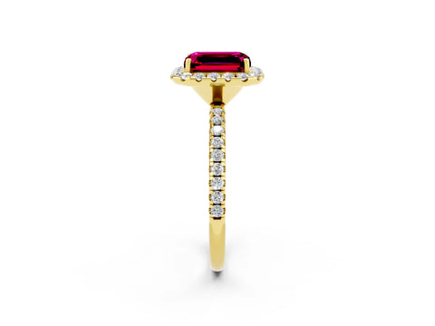 Yellow gold Emerald Cut Cut Diamond Floral Halo Engagement Ring with Pavé Band and Prong Setting_2