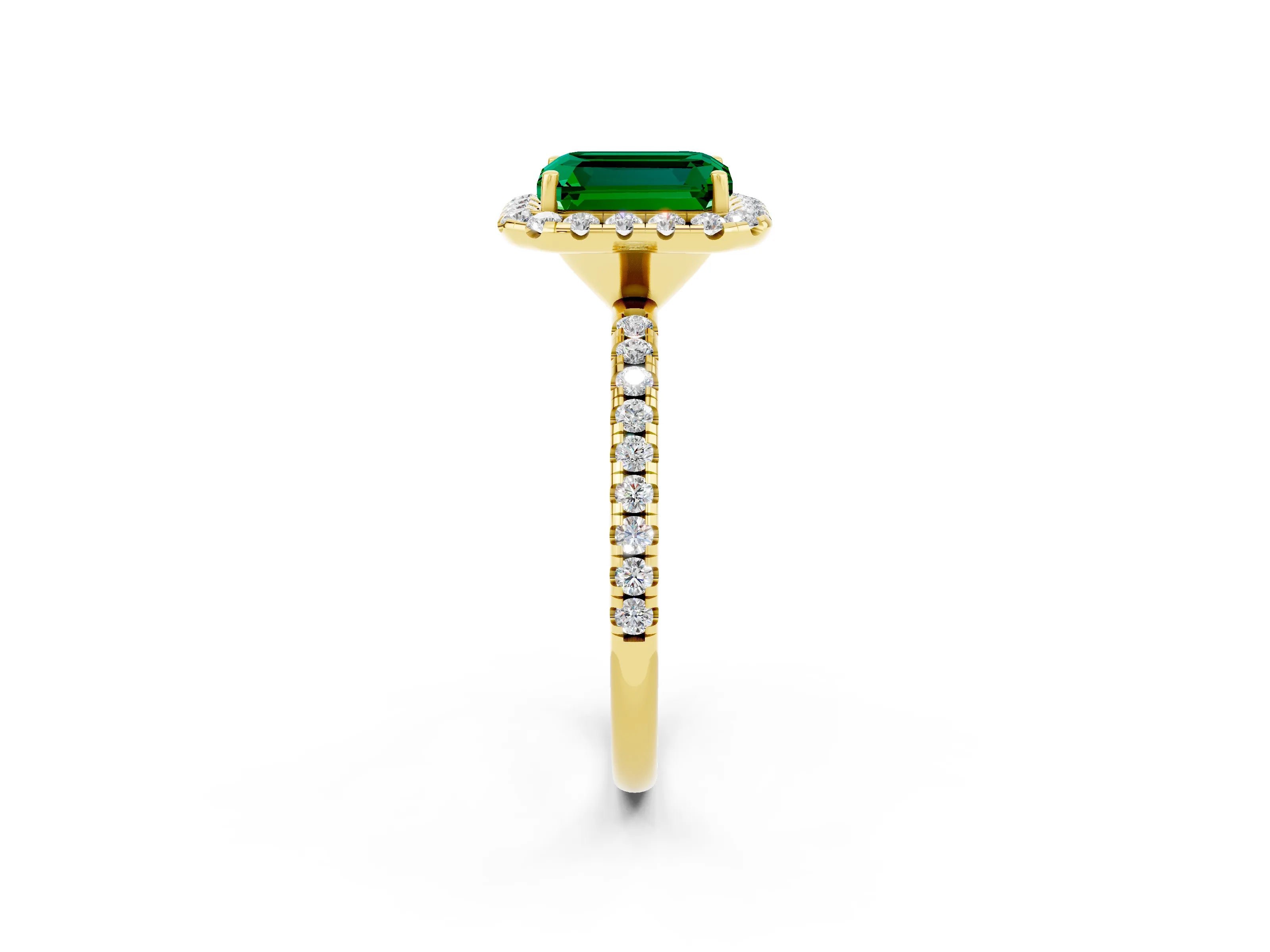 Yellow gold Emerald Cut Cut Diamond Floral Halo Engagement Ring with Pavé Band and Prong Setting_2
