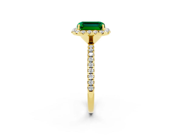 Yellow gold Emerald Cut Emerald Halo Engagement Ring with Round Pavé Band and Prong Setting