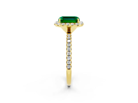 Yellow gold Emerald Cut Cut Diamond Floral Halo Engagement Ring with Pavé Band and Prong Setting_2