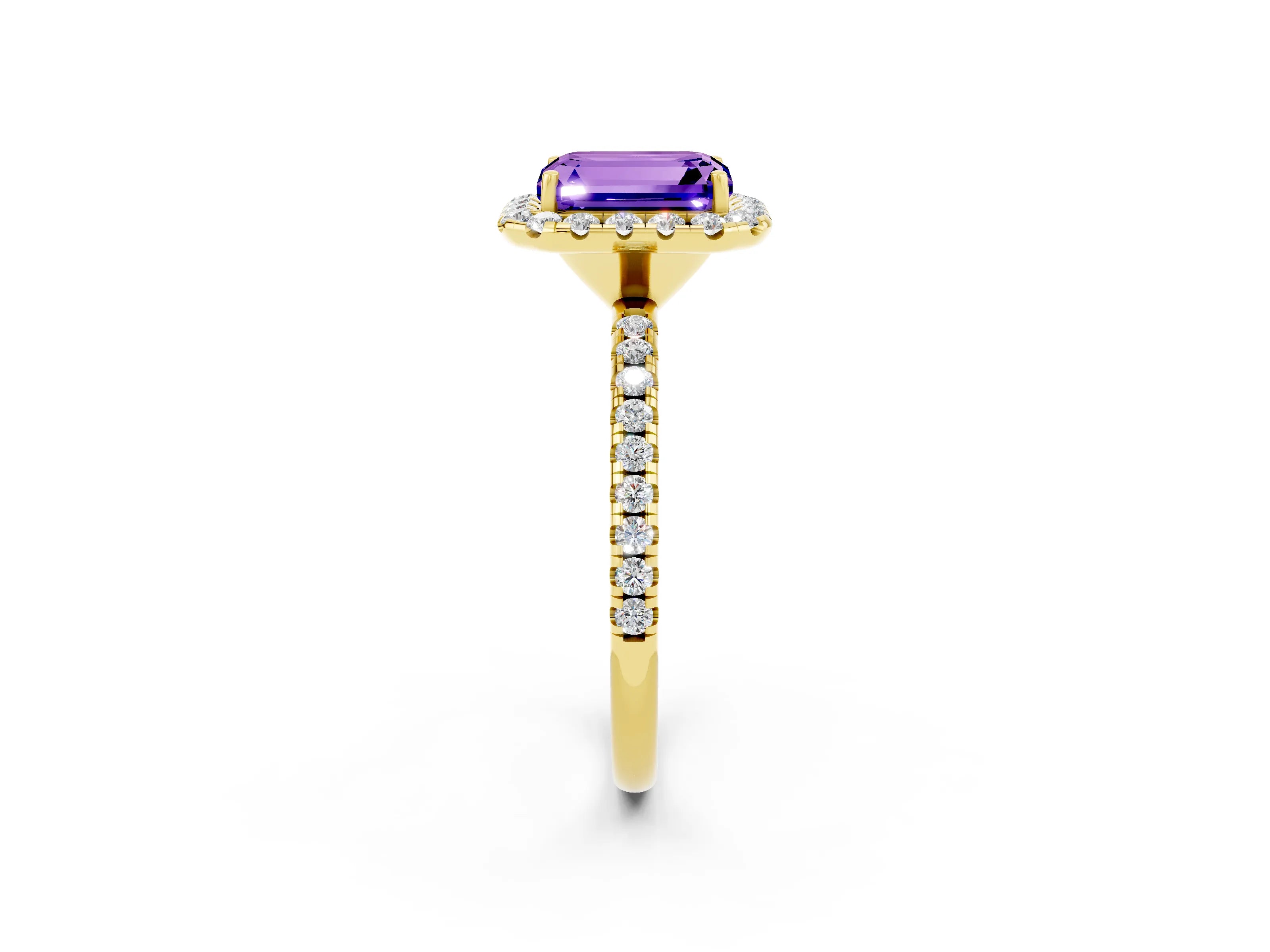 Yellow gold Emerald Cut Cut Diamond Floral Halo Engagement Ring with Pavé Band and Prong Setting_2