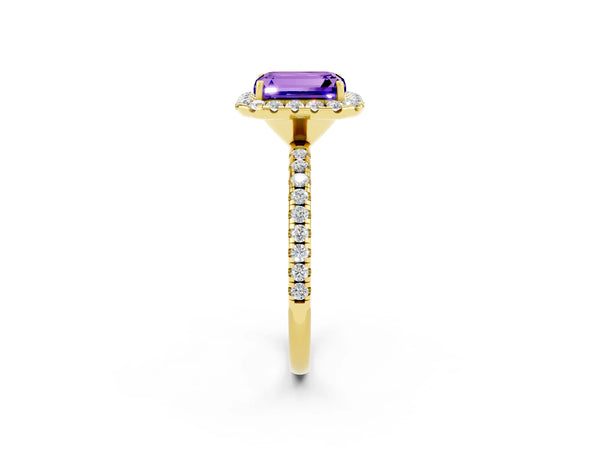 Yellow gold Emerald Cut Tanzanite Halo Engagement Ring with Round Pavé Band and Prong Setting