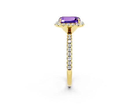 Yellow gold Emerald Cut Cut Diamond Floral Halo Engagement Ring with Pavé Band and Prong Setting_2