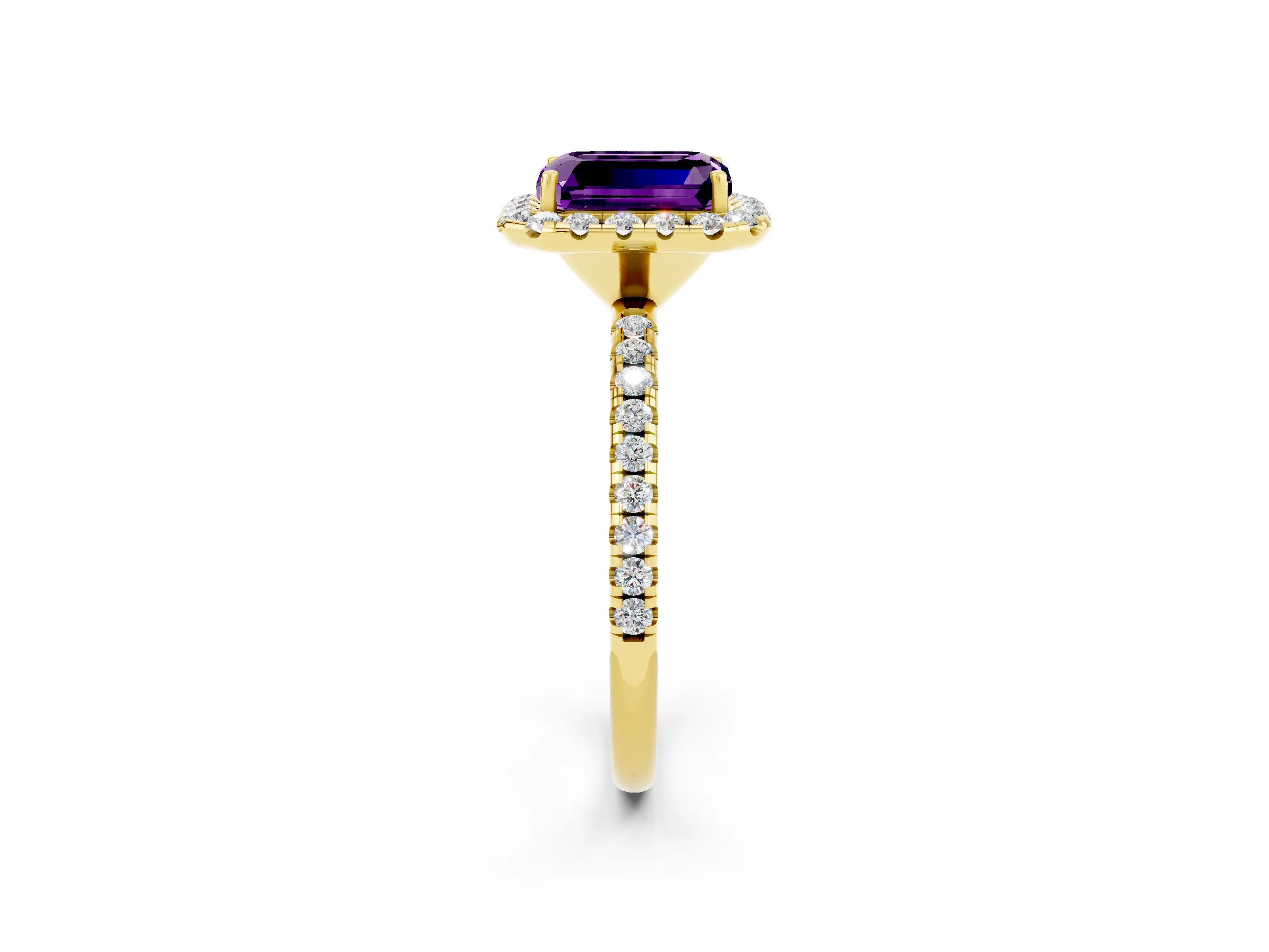 Yellow gold Emerald Cut Cut Diamond Floral Halo Engagement Ring with Pavé Band and Prong Setting_2