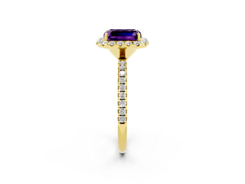 Yellow gold Emerald Cut Cut Diamond Floral Halo Engagement Ring with Pavé Band and Prong Setting_2