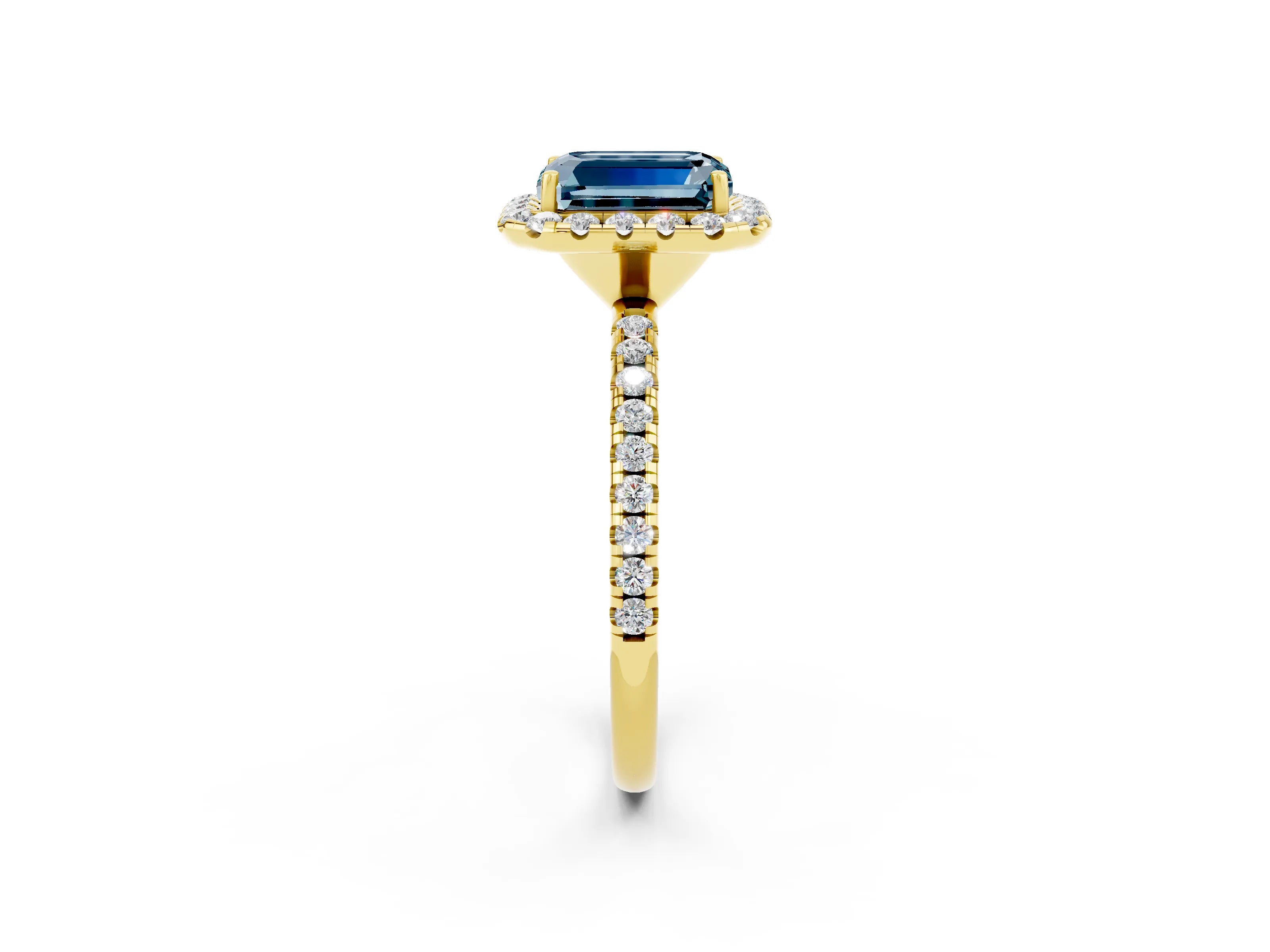 Yellow gold Emerald Cut Cut Diamond Floral Halo Engagement Ring with Pavé Band and Prong Setting_2