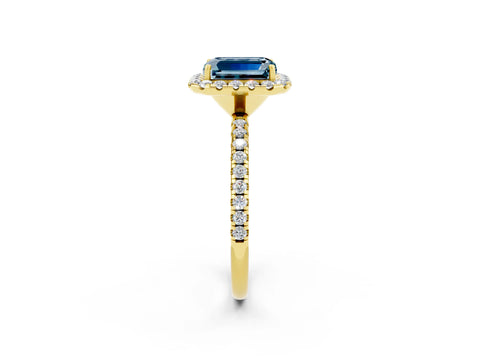 Yellow gold Emerald Cut Cut Diamond Floral Halo Engagement Ring with Pavé Band and Prong Setting_2