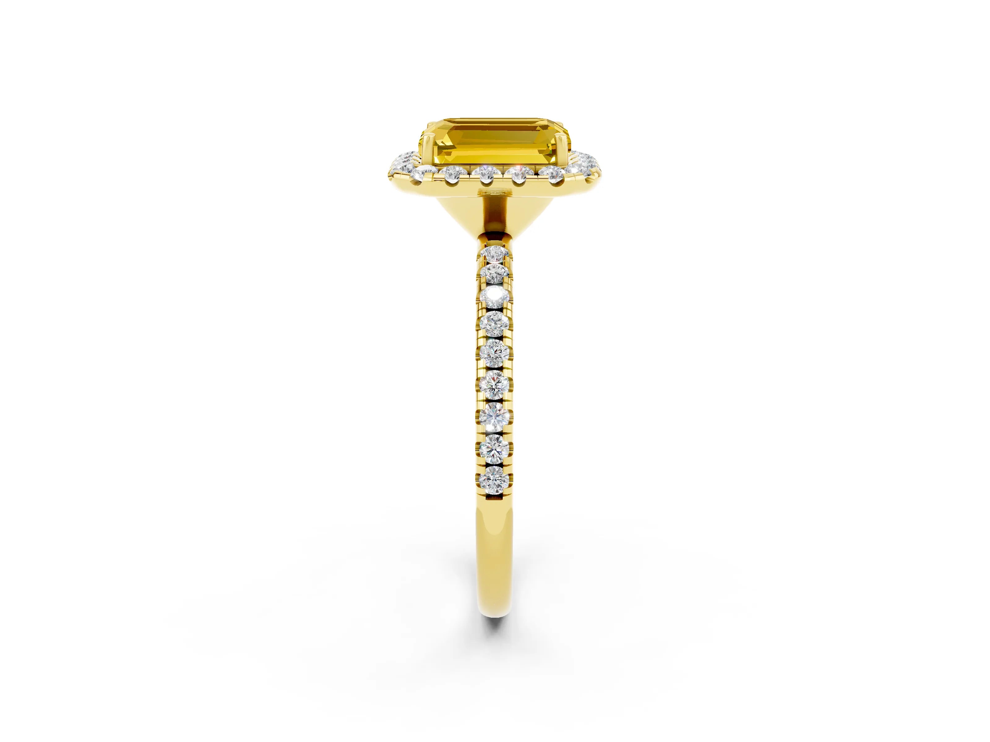 Yellow gold Emerald Cut Cut Diamond Floral Halo Engagement Ring with Pavé Band and Prong Setting_2