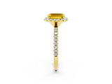 Yellow gold Emerald Cut Cut Diamond Floral Halo Engagement Ring with Pavé Band and Prong Setting_2