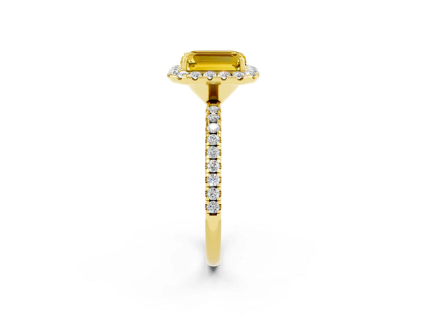 Yellow gold Emerald Cut Yellow Sapphire Halo Engagement Ring with Round Pavé Band and Prong Setting