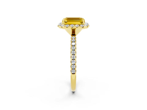 Yellow gold Emerald Cut Cut Diamond Floral Halo Engagement Ring with Pavé Band and Prong Setting_2