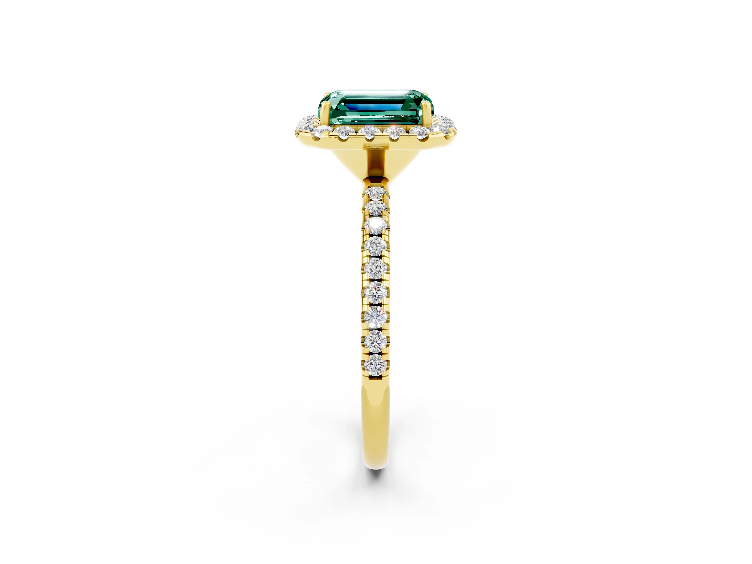 Yellow gold Emerald Cut Cut Diamond Floral Halo Engagement Ring with Pavé Band and Prong Setting_2