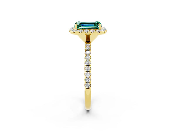 Yellow gold Emerald Cut Green Sapphire Halo Engagement Ring with Round Pavé Band and Prong Setting