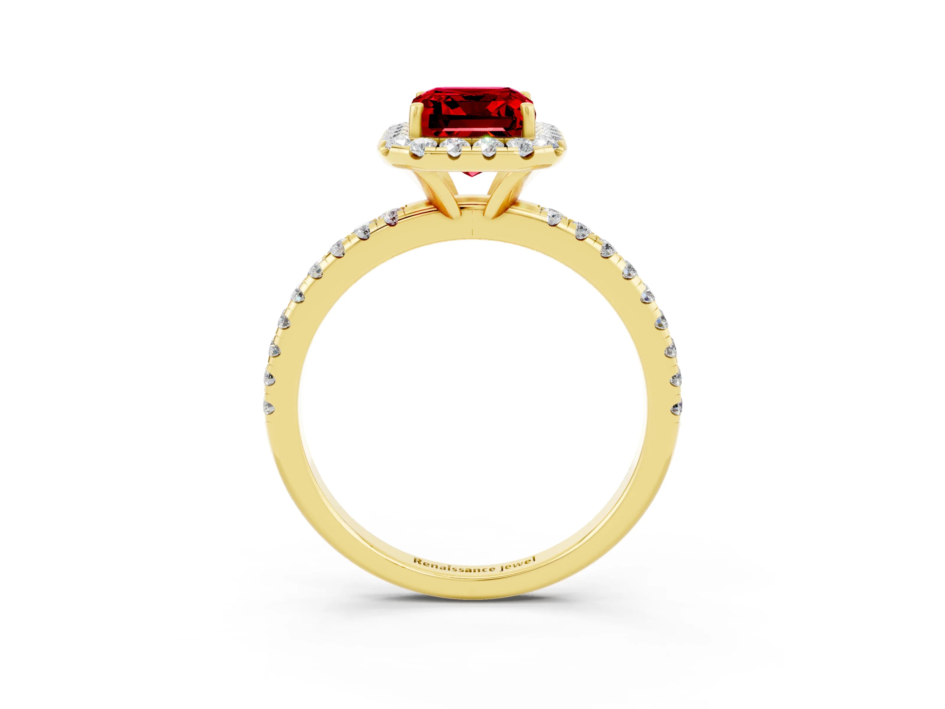 Yellow gold Emerald Cut Cut Diamond Floral Halo Engagement Ring with Pavé Band and Prong Setting_3