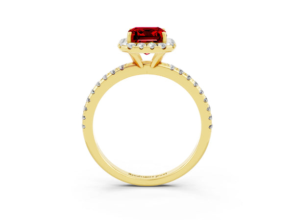 Yellow gold Emerald Cut Cut Diamond Floral Halo Engagement Ring with Pavé Band and Prong Setting