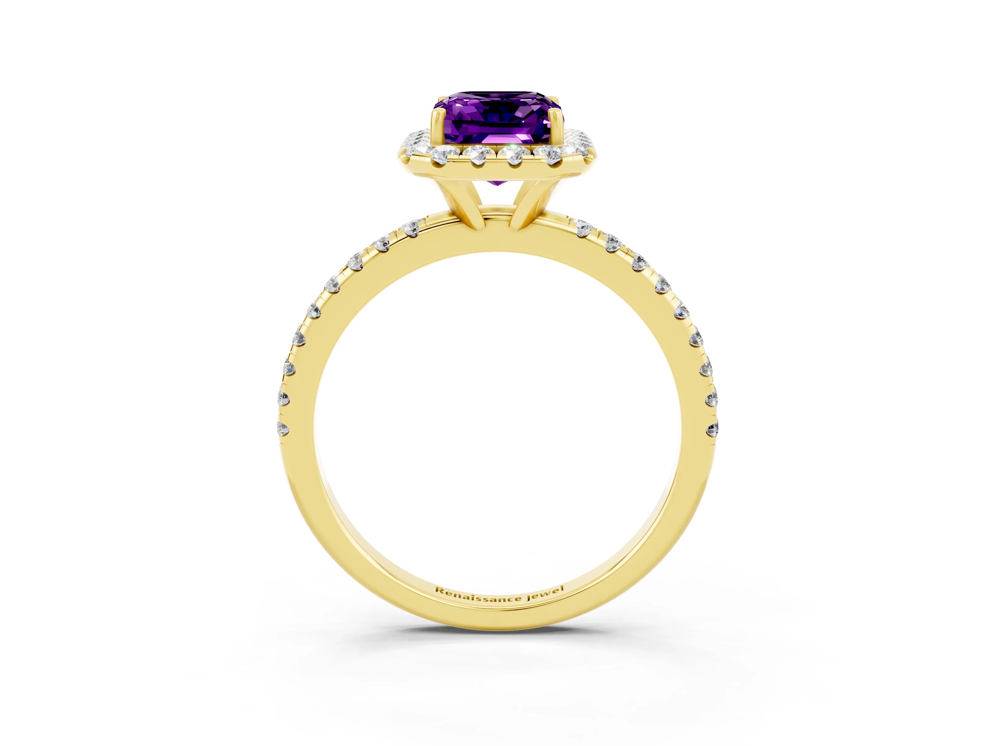 Yellow gold Emerald Cut Cut Diamond Floral Halo Engagement Ring with Pavé Band and Prong Setting_3