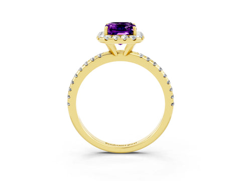 Yellow gold Emerald Cut Cut Diamond Floral Halo Engagement Ring with Pavé Band and Prong Setting_3