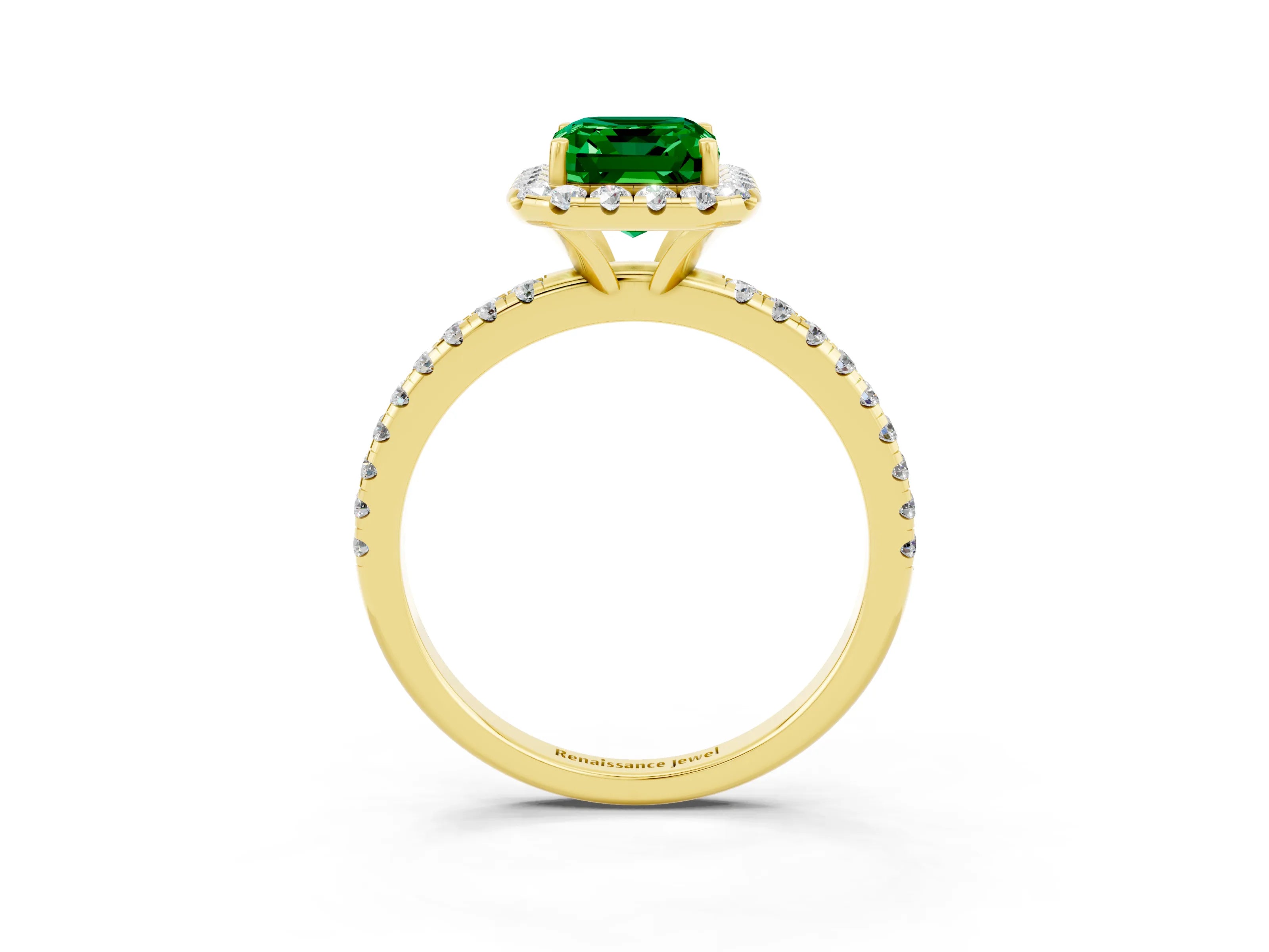 Yellow gold Emerald Cut Cut Diamond Floral Halo Engagement Ring with Pavé Band and Prong Setting_3